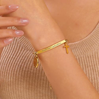 DS Inspirational Bracelet for Women Christian Engraved Bibler Verse Cross Butterfly Daisies Charm Bracelet, Exquisite Stainless Steel Jewelry Daughter Best Friend Bestie - style: A joyful heart is good medicine.-Gold