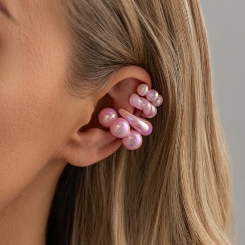Chunky Resin Ear Cuffs Earrings for Women 4Pcs Colorful Non Piercing Clip On Cartilage Hoop Earrings Trendy Jewelry - color: Pink