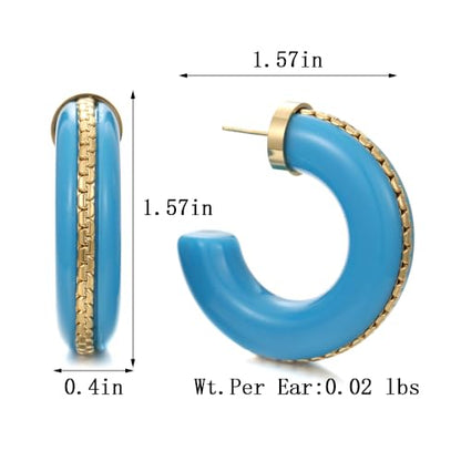 Gold Plated Resin Chunky Hoop Earrings Hypoallergenic Push Back Hoops for Sensitive Ears - color: Sky Blue