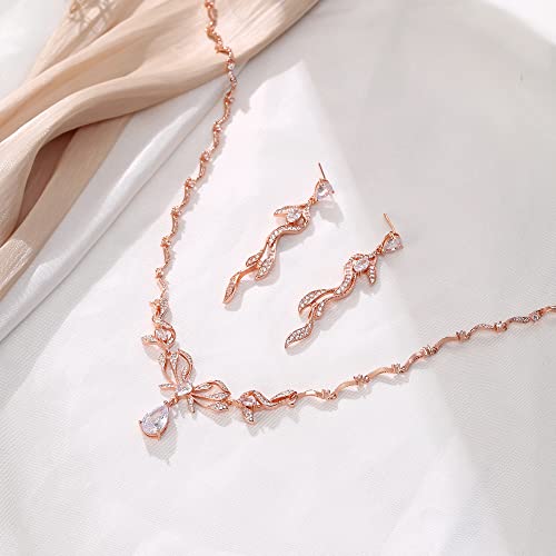 Crysdue Women's Wedding Bridal Jewelry Set for Brides Bridesmaids Cubic Zirconia Flower Leaf Vine Necklace Dangle Earrings for Prom Party - style: 12-rose gold