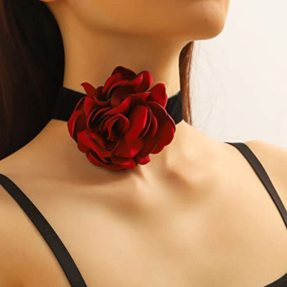 Rose Black Velvet Floral Choker Necklace - Camellia Daisy Rosette - Spring Summer Flower Jewelry - color: Red2