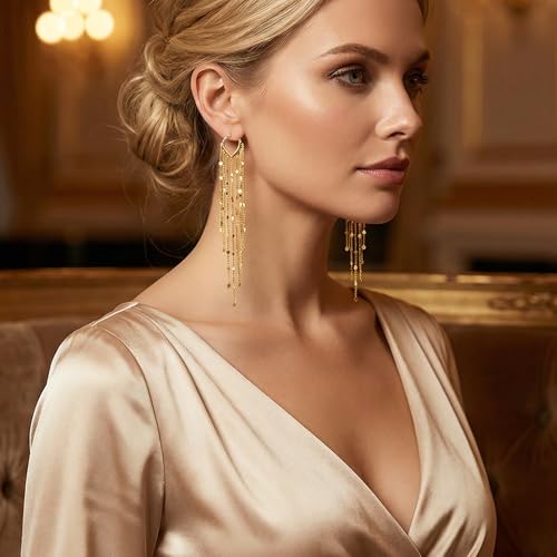 Gold Chandelier Earrings for Women, Long Tassel Earrings Dangle Drop with Secure Huggie Hoop, Lightweight Formal Earrings Chain Fringe Statement Jewelry for Prom Wedding Party (Gold)