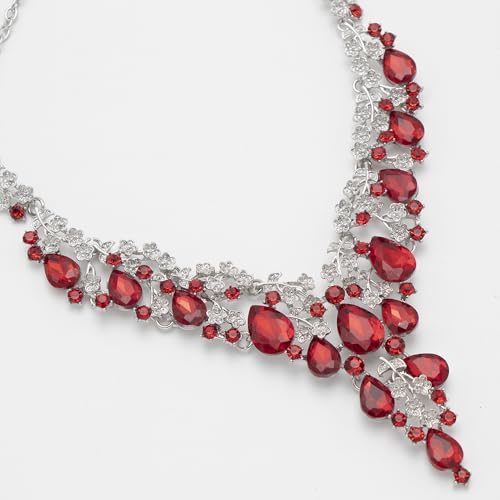 Bridal Bridesmaid Austrian Crystal Jewelry Set, Floarl rhinestone Statement Neckace Teardrop Necklace Drop Dangle Earrings Set - color: Red-Silver Tone