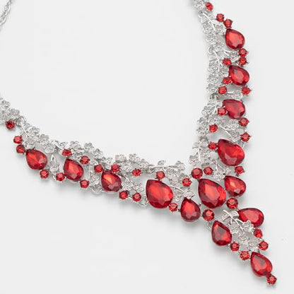 Bridal Bridesmaid Austrian Crystal Jewelry Set, Floarl rhinestone Statement Neckace Teardrop Necklace Drop Dangle Earrings Set - color: Red-Silver Tone