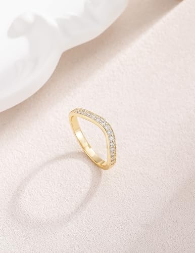 EAMTI 925 Sterling Silver Wedding Bands for Women Cubic Zirconia Wave Stackable CZ Curved Eternity Engagement Promise Gold Rings Size 4-10 - color: Brass-Gold