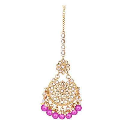 Aheli Elegant Indian Wedding Wear Faux Kundan Studded Choker Necklace with Maang Tikka Set Ethnic Fashion Jewelry for Women Maroon Kundan & Pearl Drop - color: Rani Pink