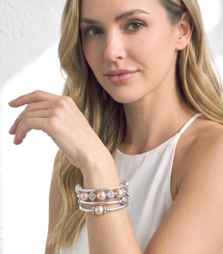 Beaded Pearl Bangle Wrap Bracelet - Fashion Bohemian Jewelry Multilayer Charm Bracelet with Thick Silver Metal Beads, Gift For Women - color: Champagne
