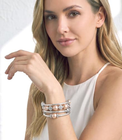 Beaded Pearl Bangle Wrap Bracelet - Fashion Bohemian Jewelry Multilayer Charm Bracelet with Thick Silver Metal Beads, Gift For Women - color: Champagne
