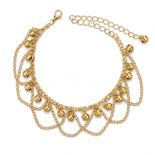 Ankle Bracelets for Women Gold Anklet Set Boho Vacation Gift | Gold anklet set for women 5 styles with matching gift pouch.Boho adjustable non-tarnish jewelry.Perfect present idea. - color: Goldbell