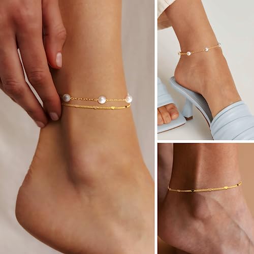Gold/Sterling Silver Anklet Bracelets for Women Waterproof, Non Tarnish 925 Sterling Sliver Plated Heart Evileye Butterfly Charm, Dainty Summer Beach Anklets for Women, Beach Vacation Bikini Outfits for Her Mom - style: Pearl-Gold