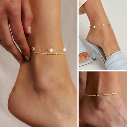 Gold/Sterling Silver Anklet Bracelets for Women Waterproof, Non Tarnish 925 Sterling Sliver Plated Heart Evileye Butterfly Charm, Dainty Summer Beach Anklets for Women, Beach Vacation Bikini Outfits for Her Mom - style: Pearl-Gold