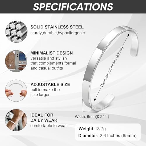 Stainless Steel Mens Cuff Bracelet : Minimal Cool Silver/Black/Gold Plated Open Metal Cuff Bangle Bracelets for Men,Mens Bracelet Jewelry Gift - color: Silver-Single, size: Medium( fit 5.5"-7.2" wrist)