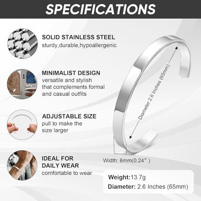 Stainless Steel Mens Cuff Bracelet : Minimal Cool Silver/Black/Gold Plated Open Metal Cuff Bangle Bracelets for Men,Mens Bracelet Jewelry Gift - color: Silver-Single, size: Medium( fit 5.5"-7.2" wrist)