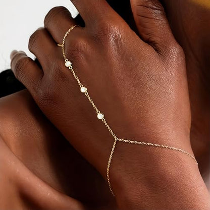 3PCS 14K Gold-Plated Hand Chain Bracelets for Women, Stack Bracelets Set Adjustable, Trendy Dainty Ring Bracelet Hand Chain - color: gold-3-A