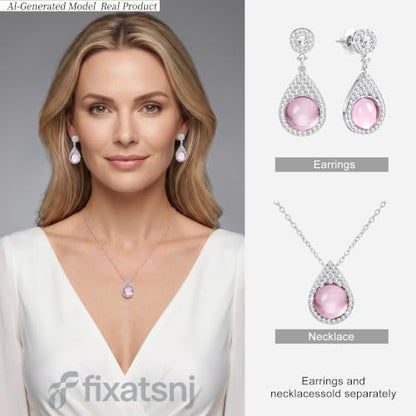 Women Trendy Faux Crystal Pendant Necklace 18K Gold/Silver Plated | CZ Halo Teardrop Drop Pendant Necklace Lightweight Fashion Jewelry Set Stackable For Wedding Daily Wear - color: Pink