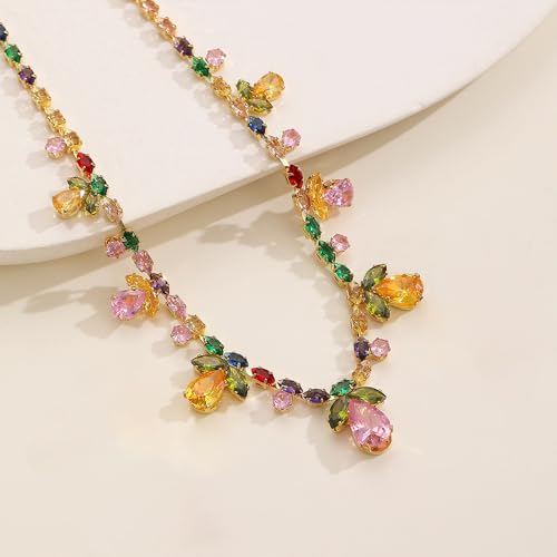 NewZenro Colorful Crystal Flower Teardrop Leaf Tennis Necklace for Women Gold-Tone Dainty Sparkling Rainbow Multicolor Rhinestone Cubic Zirconia Choker Necklaces Bride Wedding Party Fashion Jewelry