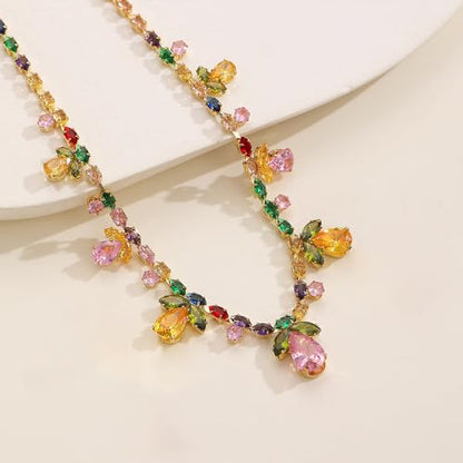 NewZenro Colorful Crystal Flower Teardrop Leaf Tennis Necklace for Women Gold-Tone Dainty Sparkling Rainbow Multicolor Rhinestone Cubic Zirconia Choker Necklaces Bride Wedding Party Fashion Jewelry