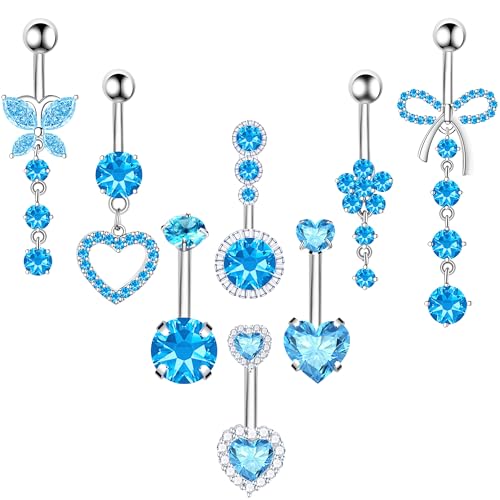 BSJ4U 8Pcs Gold Pink Silver Belly Button Ring Dangle Navel Belly Piercing Jewelry Cute CZ Butterfly Heart Flower Bow Navel Belly Rings for Women 14G Hypoallergenic Surgical Stainless Steel Dainty Dangling Dangly Belly Button Piercing Pack - color: Blue Be