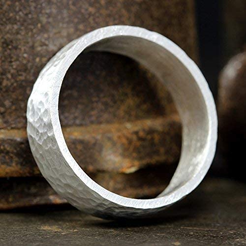 925 Sterling Silver Wedding Ring Hammered Flat Pipe Cut Textured Thick & Durable Handmade Unisex Mens & Women Rustic Engagement Promise Band - US Size 4-13 - Custom Engraving - color: 01 - 7mm Silver