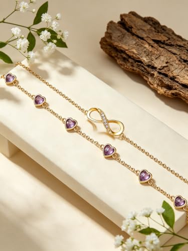 Prismata Infinity Birthstone Charm Link Bracelet/Anklet 925 Sterling Silver Adjustable 12 Months Birthstone Infinity Bracelet/Anklet Birthday Jewelry Gifts for Women Her - color: 02-February, size: 7'+2' Bracelet-18K Gold Plated