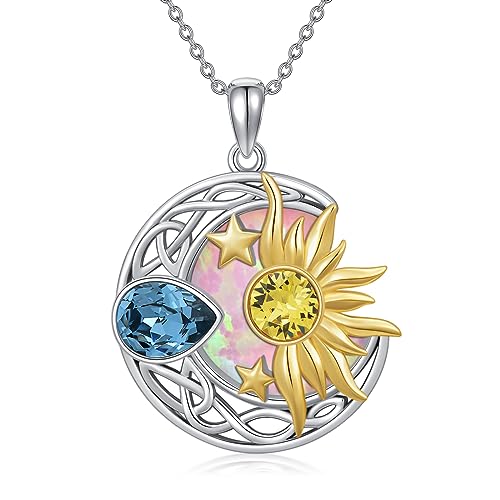 AOBOCO 925 Sterling Silver Moon Sun Star Necklace Celtic Jewelry for Women Girls - color: Silver&Gold&Pink Opal