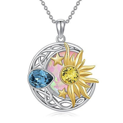 AOBOCO 925 Sterling Silver Moon Sun Star Necklace Celtic Jewelry for Women Girls - color: Silver&Gold&Pink Opal