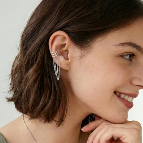 SLUYNZ 925 Sterling Silver No Piercing Cuff Earrings Chain for Women Wrap Earrings Tassel Clip On Ear - color: A-Silver