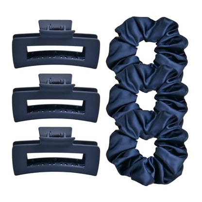 Hair Accessories Set Pack of 6 – 3 Medium Hair Clips for Women, 3 Big Satin Scrunchies for Hair, Non-Slip Matte Square Hair Claw Clips, Back to School, Birthday Gift, Daily Use (Navy Blue) - color: Navy Blue