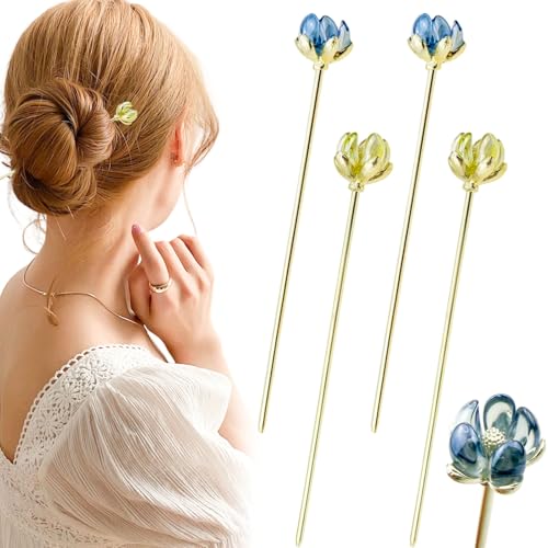 4PCS Lotus Hair Sticks for Buns, Vintage Retro Gold Metal Hair Sticks Pins Chinese Hanfu Asian Flower Hair Chopsticks Hairpins for Women Girls - color: 4pcs Gold