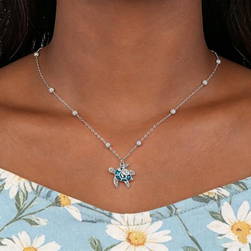 925 Sterling Silver Dainty Necklaces for Women Pendant Jewelry Gift for Her | Hypoallergenic Ocean Animal Love Cherry Blossom Jewelry, Ideal Valentine Birthday Christmas Graduation Gift for Wife Mom - color: Blue Sea Turtle