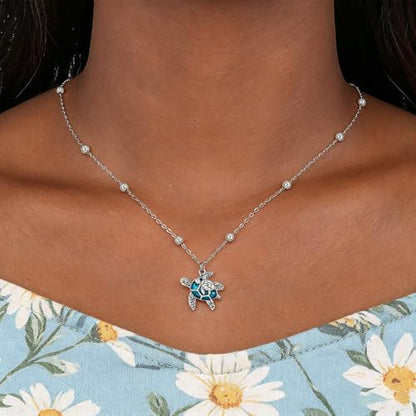 925 Sterling Silver Dainty Necklaces for Women Pendant Jewelry Gift for Her | Hypoallergenic Ocean Animal Love Cherry Blossom Jewelry, Ideal Valentine Birthday Christmas Graduation Gift for Wife Mom - color: Blue Sea Turtle