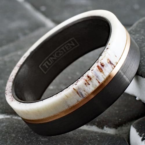 King's Cross Exquisite 6mm/8mm Brushed Finish Black Tungsten Carbide Flat Band Ring with Rose Gold Stripe and Raw Speckled White Deer Antler Inlay, (CNE556)