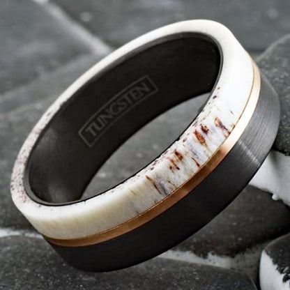 King's Cross Exquisite 6mm/8mm Brushed Finish Black Tungsten Carbide Flat Band Ring with Rose Gold Stripe and Raw Speckled White Deer Antler Inlay, (CNE556)