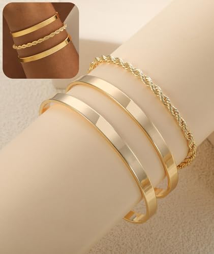 ZOERAY Silver Gold Bangle Bracelets for Women Non Tarnish 14k Gold Plated Stackable Cuff Bracelets for Women Trendy Cubic Zirconia Stainless Steel Chunky Bracelet Stack Set Waterproof Jewelry Gifts - color: C.Rope-Gold