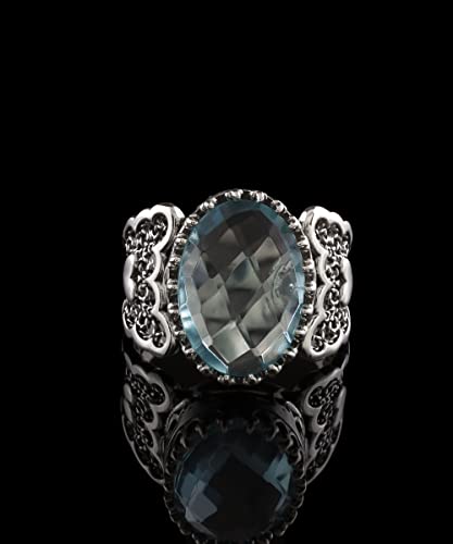 Filigranist 925 Sterling Silver Handcrafted Filigre Art Double Heart Detailed Women Cocktail Ring with Gemstones - color: Sky Blue Topaz
