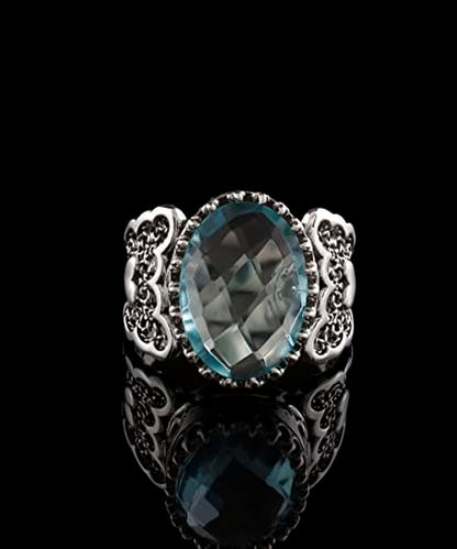 Filigranist 925 Sterling Silver Handcrafted Filigre Art Double Heart Detailed Women Cocktail Ring with Gemstones - color: Sky Blue Topaz