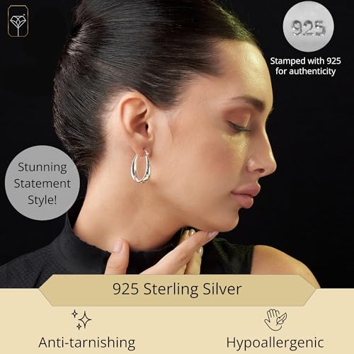 925 Sterling Silver Hypoallergenic Chunky Hoop Earrings for Women | Anti Tarnish Hoops in Various Styles by MAX + STONE - style: Hammered Oval Hoops