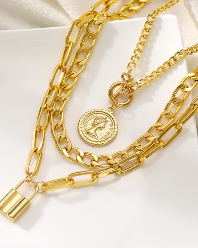 Gold Layered Necklaces for Women Chunky Layered Gold Link Chain Necklaces Trendy Paperclip Herringbone Toggle Clasp Necklace Statement Jewelry Accessories for Her - color: A5:gold chunky necklace