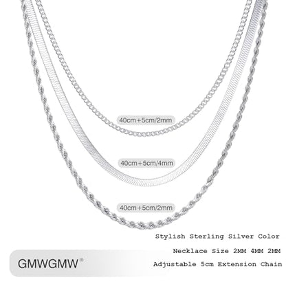 18K Gold Plated Necklace Bracelet Set Womens Stackable Adjustable Stainless Steel Minimalist Modern Everyday Jewelry Gift Gold and Silver - style: 3 Pcs Silver klacesNec