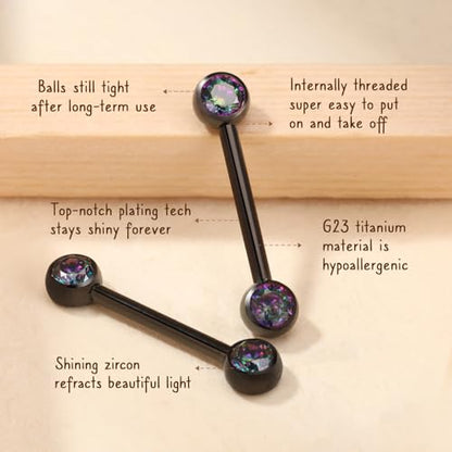 AROWRO Nipple Piercing Jewelry Nipple Rings Titanium Nipple Rings Implant Grade Hypoallergenic 14G Internally Threaded Straight Barbells with Cubic Zirconia Opal Gold Silver Rose Gold Black 12mm 14mm 16mm 18mm 20mm - color: Black+Vitrail Medium CZ