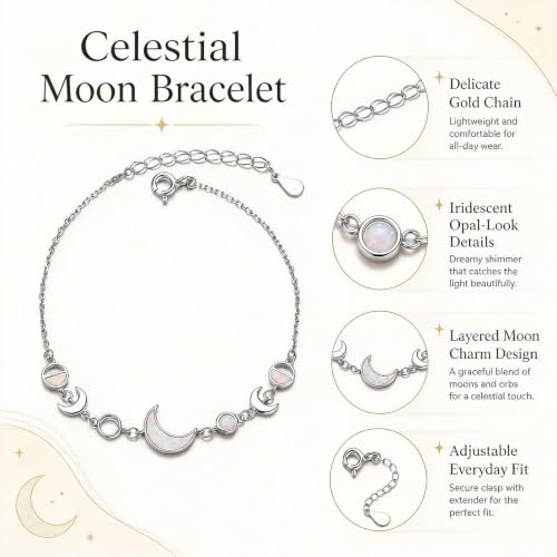 Moon Phase Bracelet Gold/Silver Opal Moon Charm Bracelet Adjustable Opal Style Crescent Charm Chain Bracelets with White Bead Accents Celestial Jewelry Outfit Accessories Gift for Women - color: A2: Silver Opal