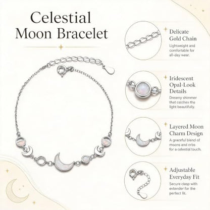 Moon Phase Bracelet Gold/Silver Opal Moon Charm Bracelet Adjustable Opal Style Crescent Charm Chain Bracelets with White Bead Accents Celestial Jewelry Outfit Accessories Gift for Women - color: A2: Silver Opal
