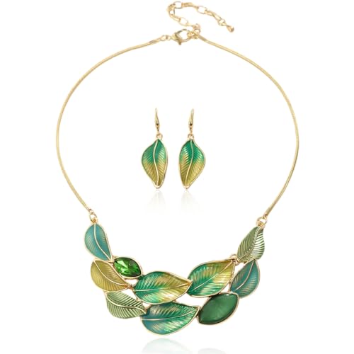 Vintage Statement Jewelry Set - Chunky Flower Floral Plant Geometric Resin Bib Necklace Earring Set Bohemian Boho Crystal Rhinestone Fashion Jewelry for Women Bridal Party Prom Unique Gift - style: MLJS2605-Green
