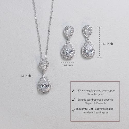 Bridal Jewelry Set for Women, Cubic Zirconia Teardrop Bride Bridesmaid Necklace and Earrings Set for Wedding Prom Formal - color: White Gold