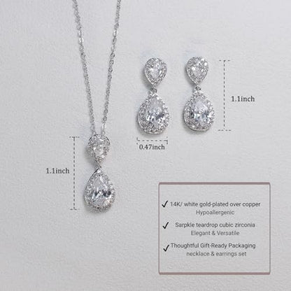 Bridal Jewelry Set for Women, Cubic Zirconia Teardrop Bride Bridesmaid Necklace and Earrings Set for Wedding Prom Formal - color: White Gold