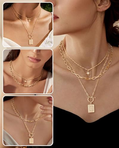 MJartoria Layered Initial Necklaces for Women | 14K Gold Plated Brass, Star Choker, Square Letter Pendant, Paperclip Chain - color: Gold, style: L