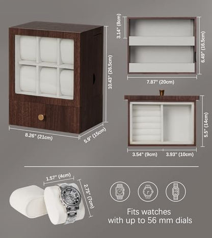 Homde Wooden Watch Box for Men: Display Case with 6 Slots | Organizer for Watches Glasses Jewelry - Nightstand Dresser Display-Clear Dustproof Window for Easy Viewing (M Size) - size: M