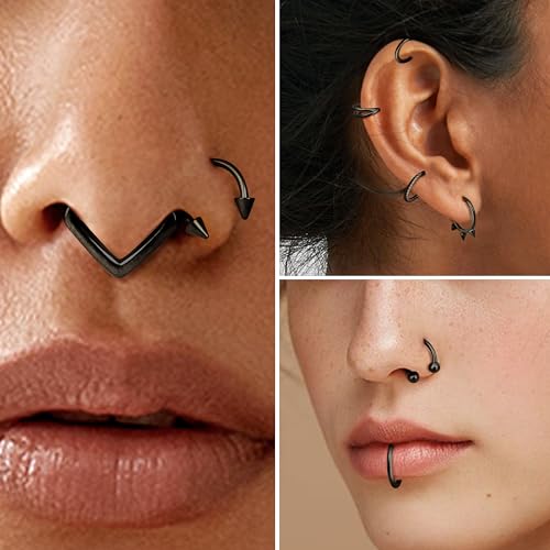 Besteel Hypoallergenic Septum Rings 16G 8mm Surgical Steel Clicker Nose Rings Hoops Set Small Lip Cartilage Helix Daith Piercing Jewelry for Women Men 16 Pcs Gold Silver Black - color: Black