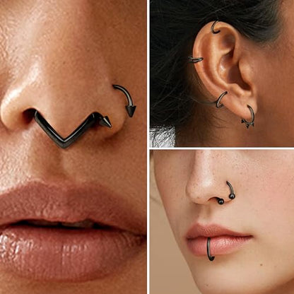 Besteel Hypoallergenic Septum Rings 16G 8mm Surgical Steel Clicker Nose Rings Hoops Set Small Lip Cartilage Helix Daith Piercing Jewelry for Women Men 16 Pcs Gold Silver Black - color: Black