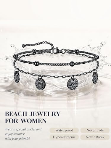 U7 Silver/Gold/Black Ankle Bracelets for Women Layered Chain Anklets | Stainless Steel Anklets Waterproof Summer Beach Anklet Charm, Adjustable 8.5"-10.5",Layered Anklet Fashion - color: Black - Ball Chain+Paperclip Chain